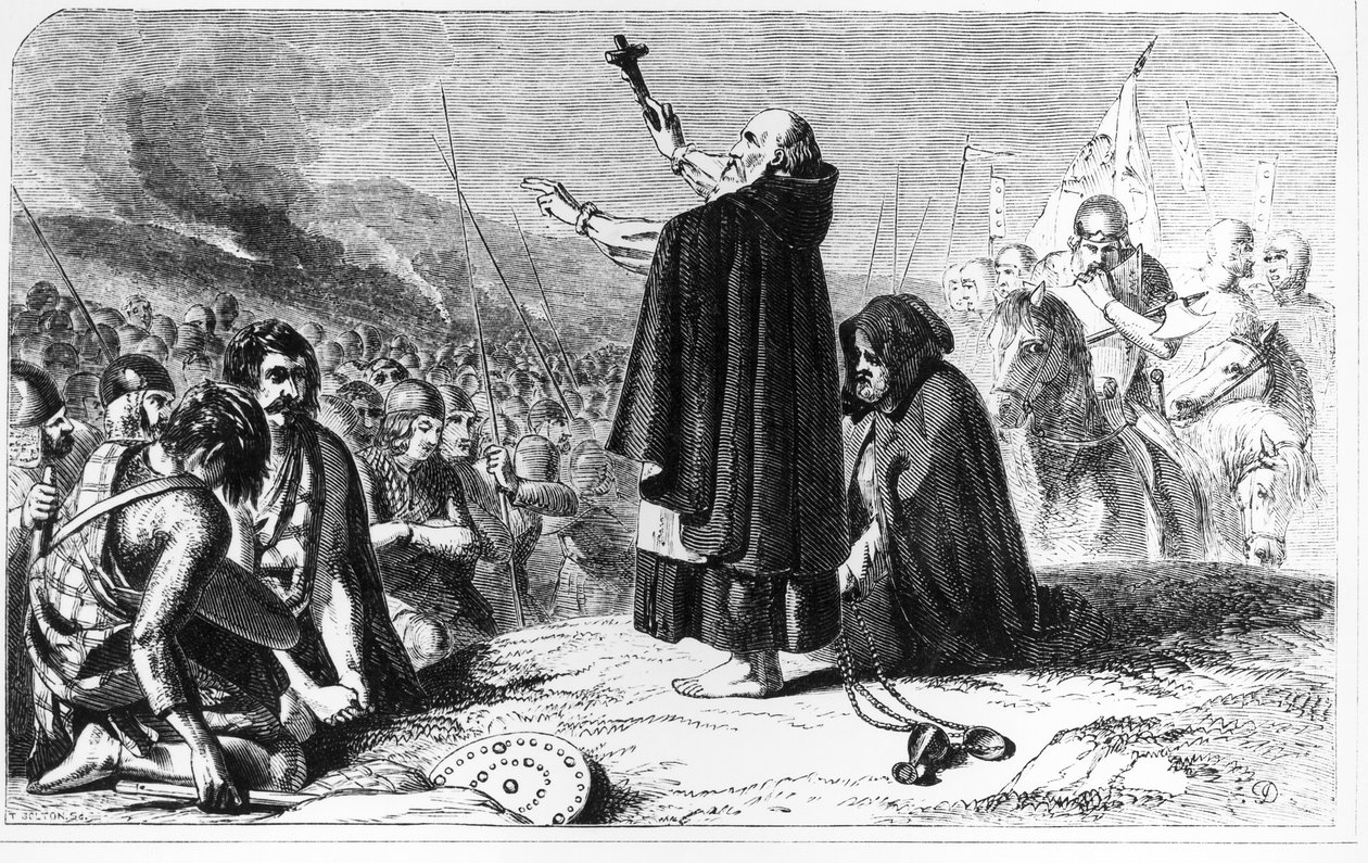 De abt van Inchaffray zegent het Schotse leger voor de Slag bij Bannockburn, 21 juni 1314, gegraveerd door T. Bolton door English School