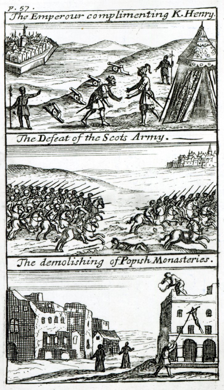 De keizer complimenteert koning Hendrik, De nederlaag van het Schotse leger, De vernietiging van pauselijke kloosters door English School