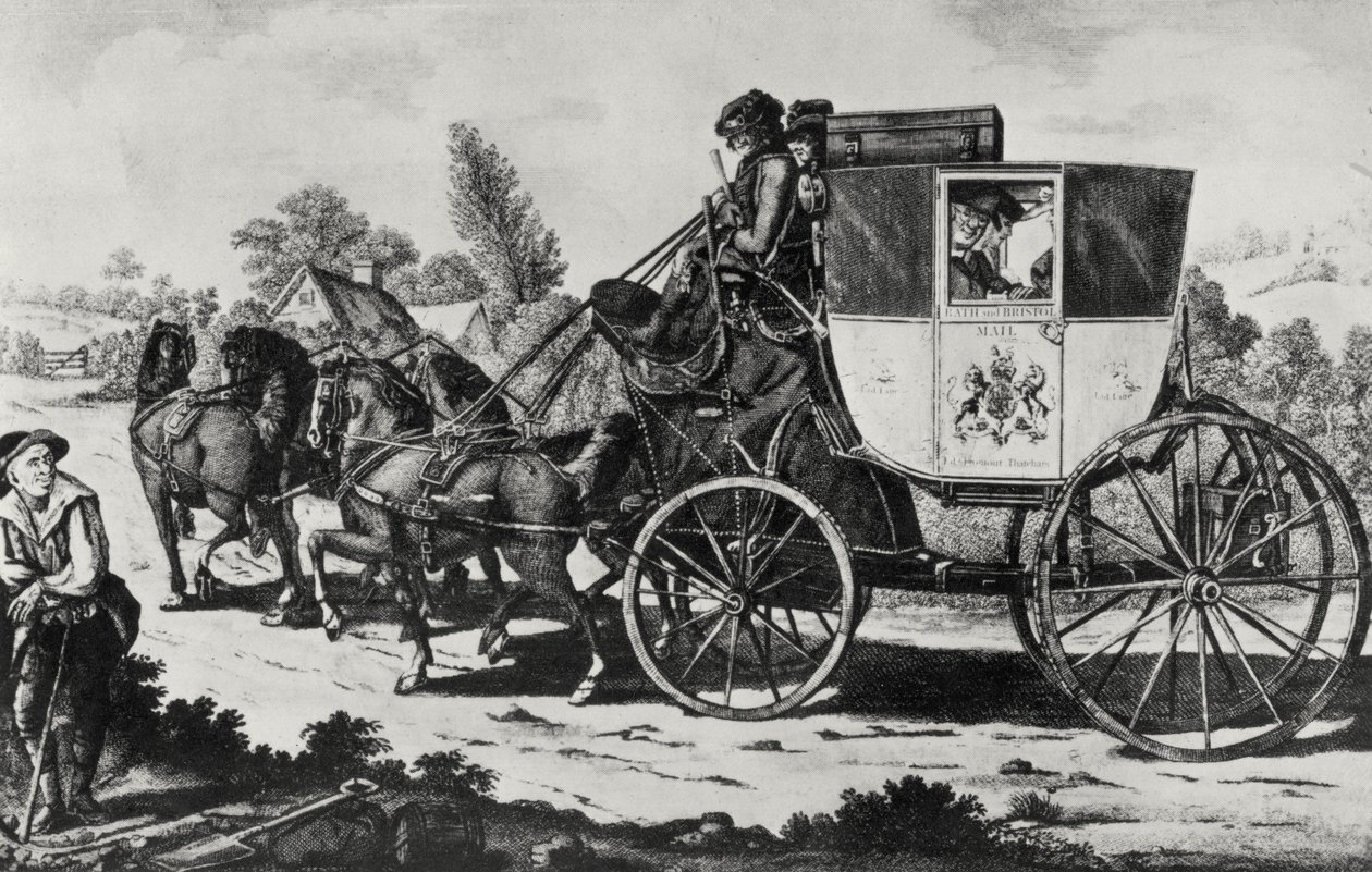 De eerste postkoets, 1784 (gravure) door English School