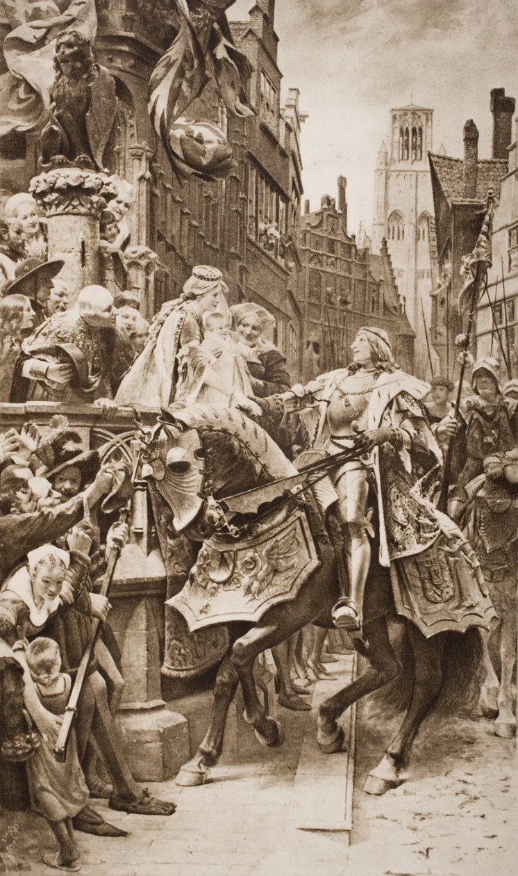 De Heilige Roomse Keizer Maximiliaan I en zijn vrouw, Maria van Bourgondië, met hun eerstgeborene, Filips van Gent, illustratie uit 