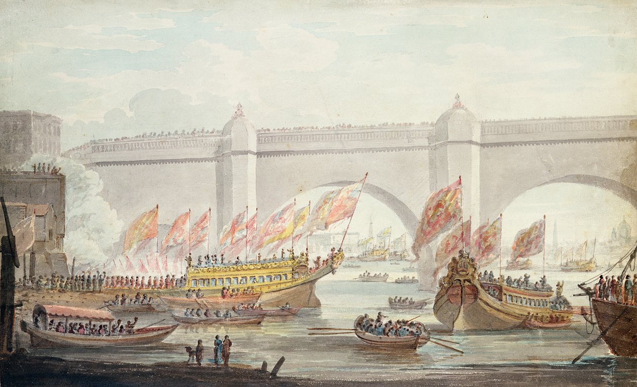 De Lord Mayor landt in Westminster, met een Uitzicht op de Brug, 1840 door English School