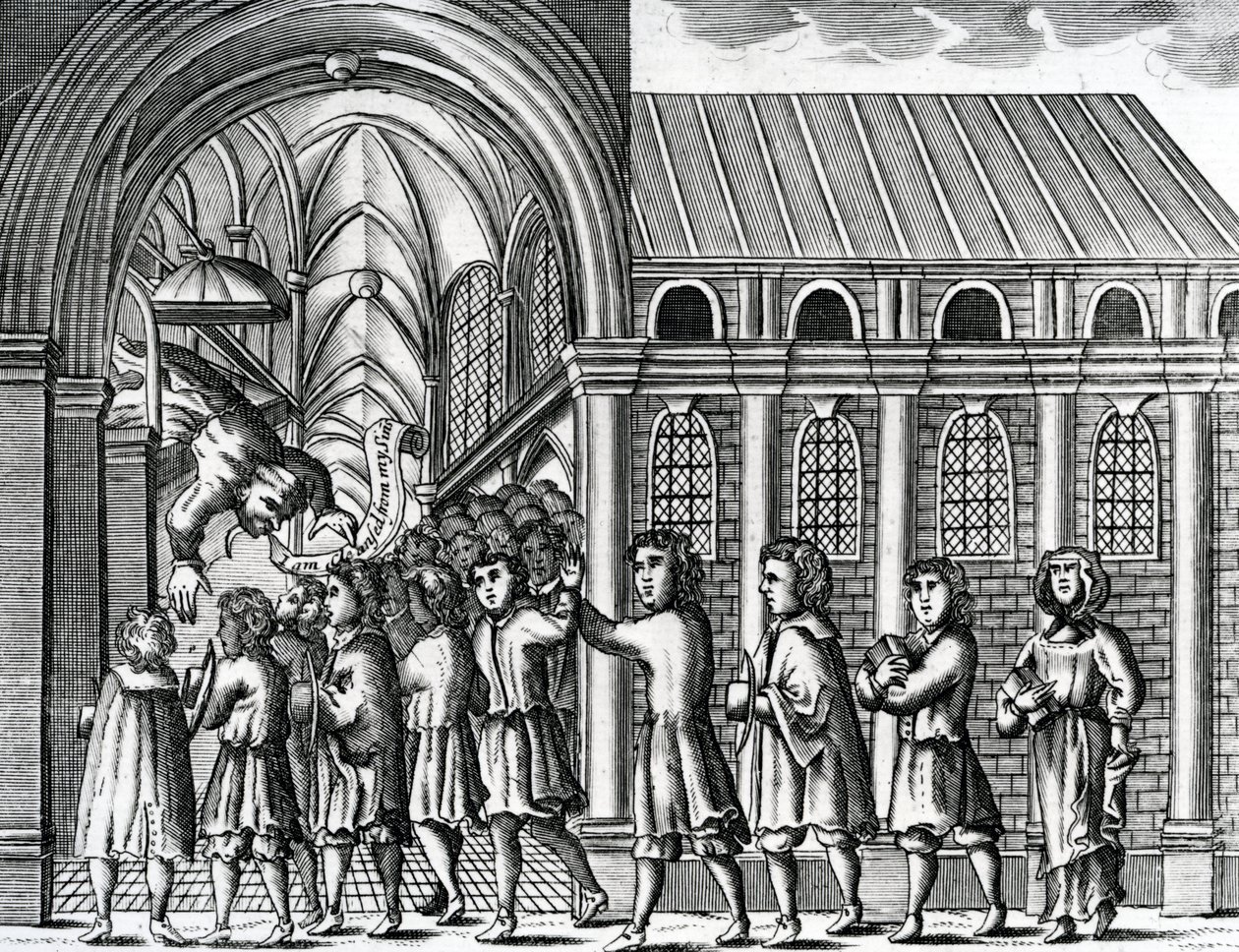 De beschrijving van een pauselijke priester die, toen hij de glorie en het ambt van Christus had weggenomen, plotseling neerviel en stierf, illustratie uit 