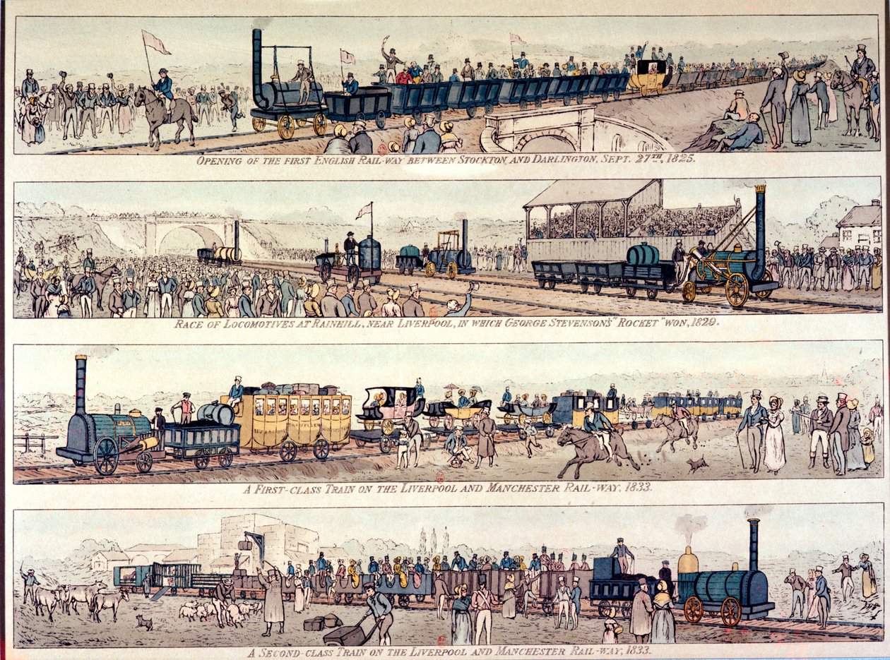 De opening van de Stockton en Darlington spoorweg, 1825; Locomotiefwedstrijd bij Rainhill, nabij Liverpool, gewonnen door George Stephenson