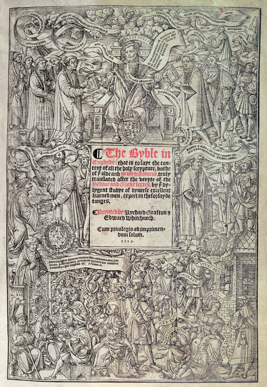 Titelpagina met Engelse vertaling van de Grote Bijbel, vertaald uit de Hebreeuwse en Griekse teksten en gedrukt door Richard Grafton en Edward Whitchurch, ca. 1539 door English School