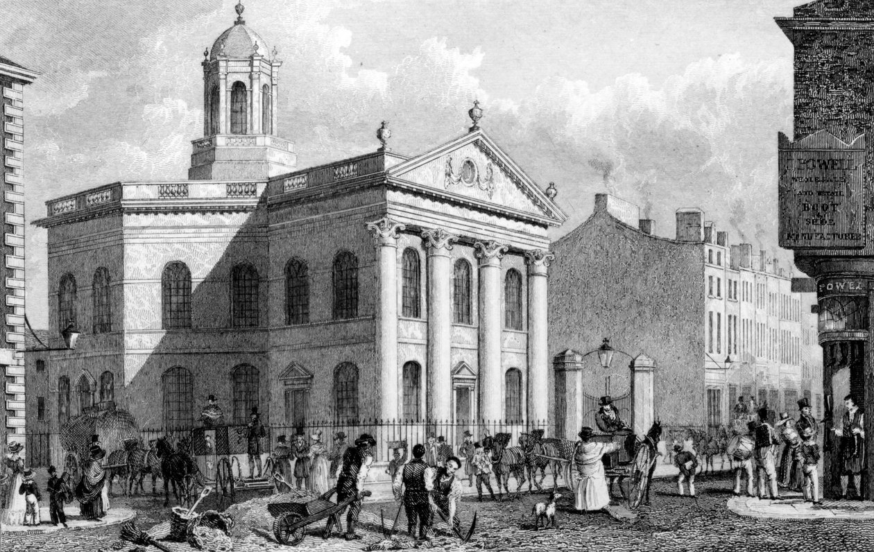 Unitarische Kapel, Paradise Street, Liverpool, gegraveerd door J. Smith door English School