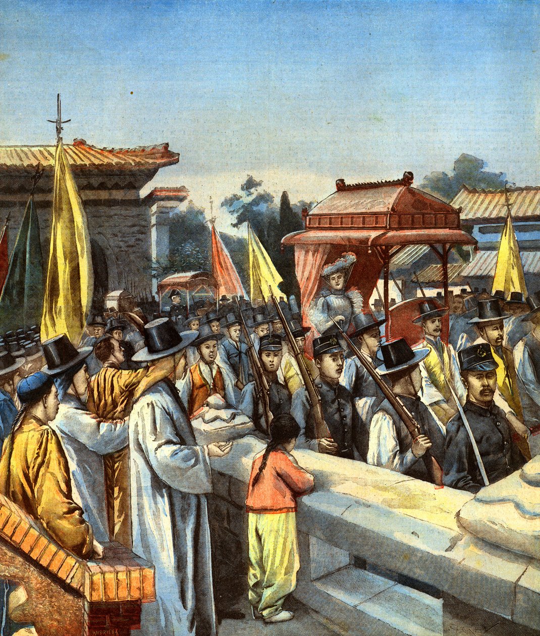 Alice Roosevelt wordt door de straten van Seoul gedragen in een keizerlijke draagstoel naar het paleis voor een audiëntie bij de keizer van Korea op 20 september 1905, omslagillustratie van 