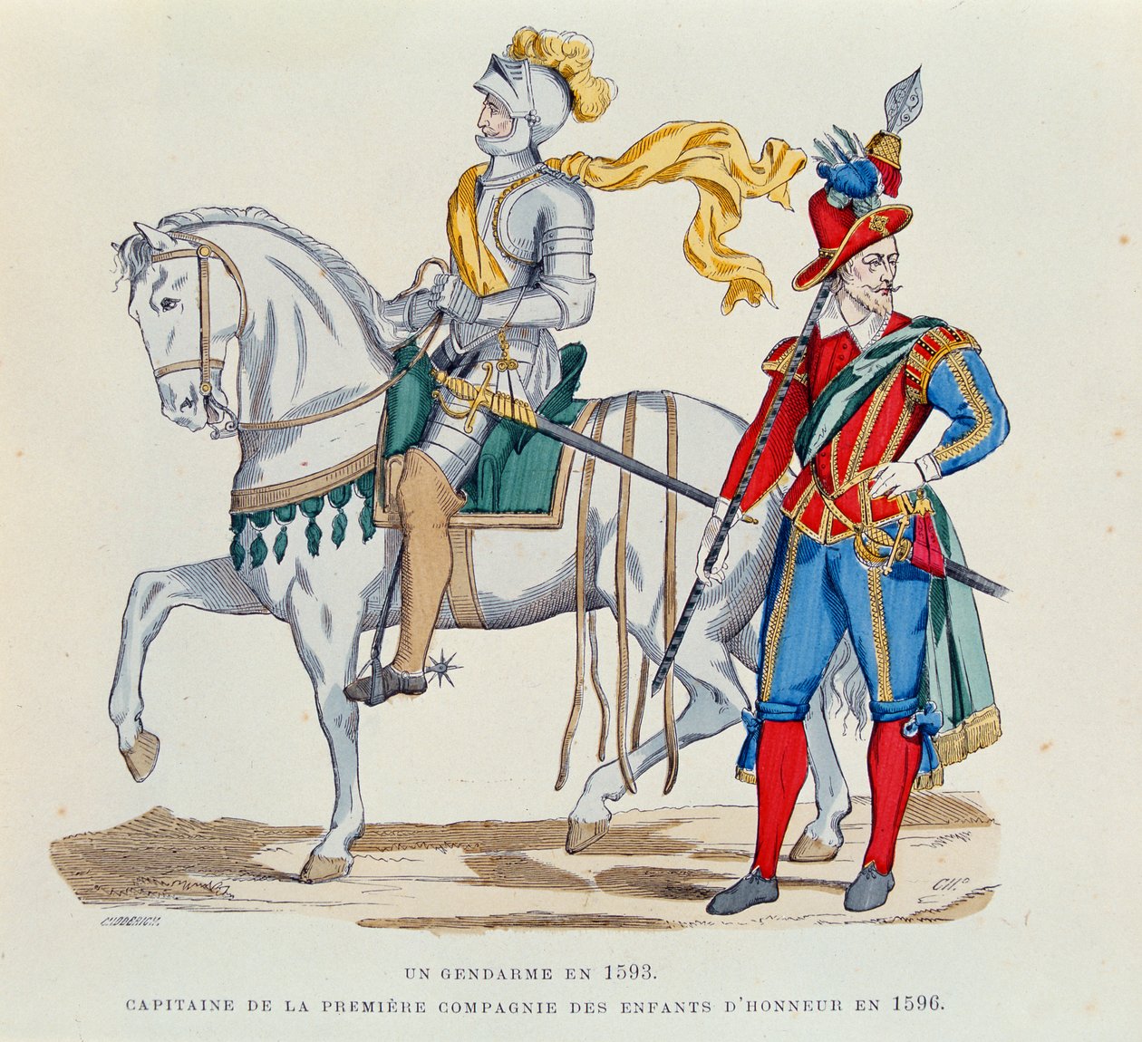 Een Gendarme in 1593 en een Kapitein van de Eerste Compagnie van de 