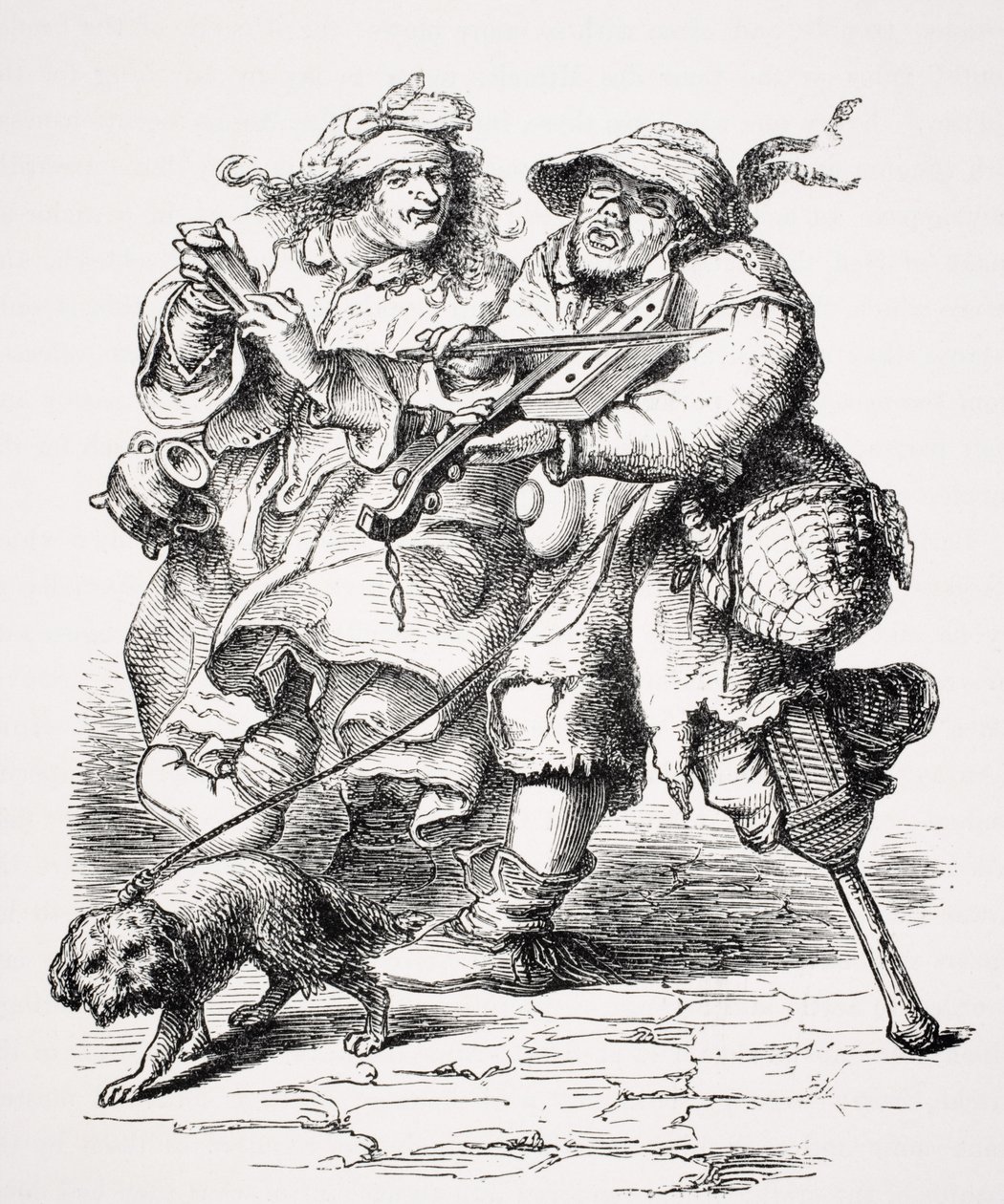 Bedelaar die viool speelt, zijn vrouw begeleidt hem met beenderen, naar een 17e-eeuwse gravure, uit 