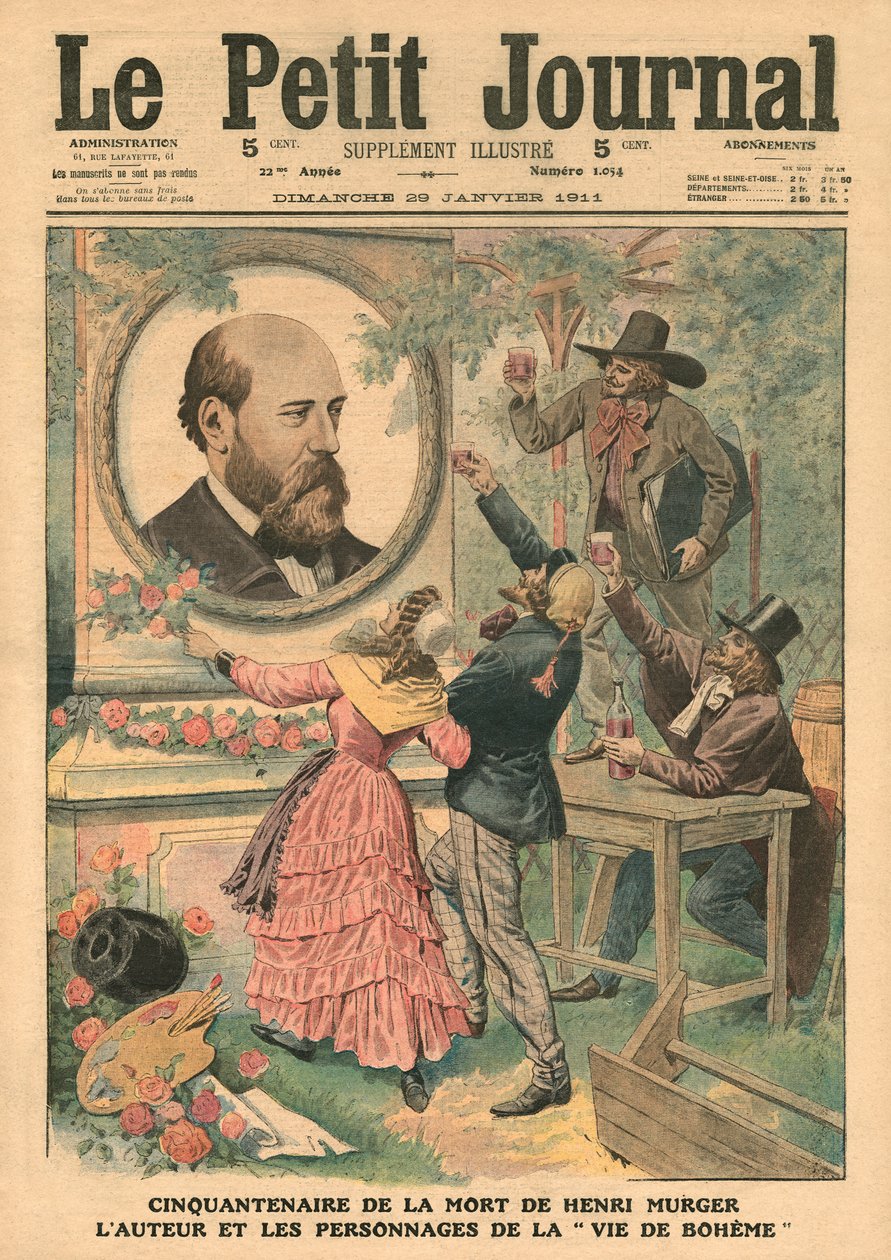 Vijftigste verjaardag van de dood van Henri Murger, de auteur en de personages van 