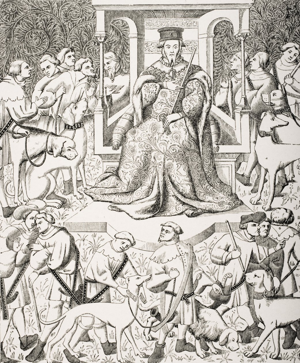 Gaston Phoebus (1331-91) leert de kunst van de jacht, naar een 15e-eeuwse miniatuur van Phoebus en zijn personeel die wilde dieren en roofvogels jagen, uit 