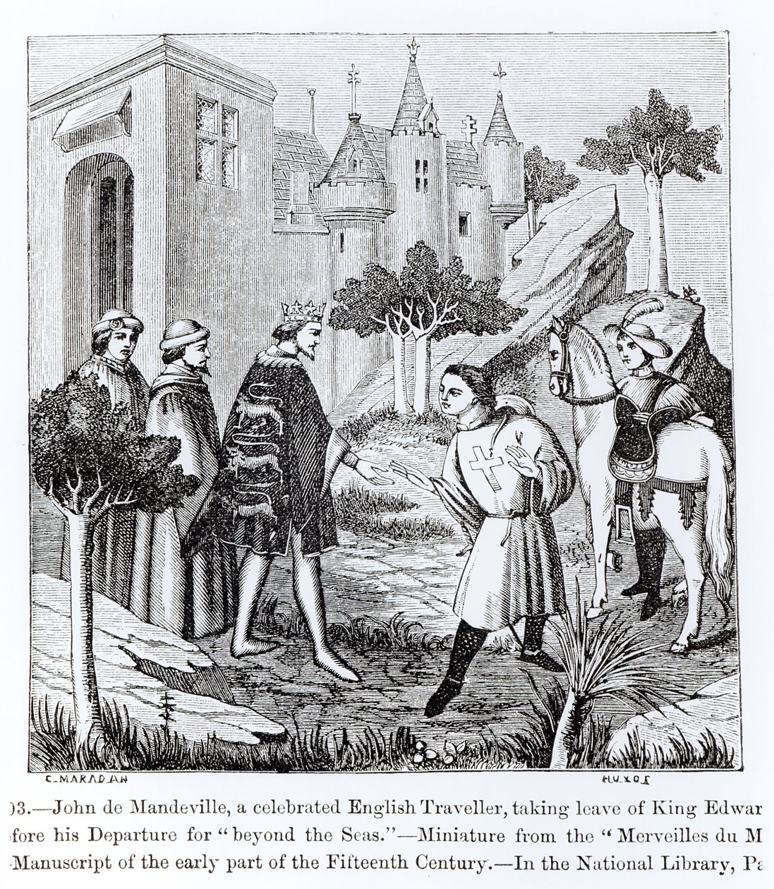 John de Mandeville neemt afscheid van koning Edward III voor zijn vertrek door French School