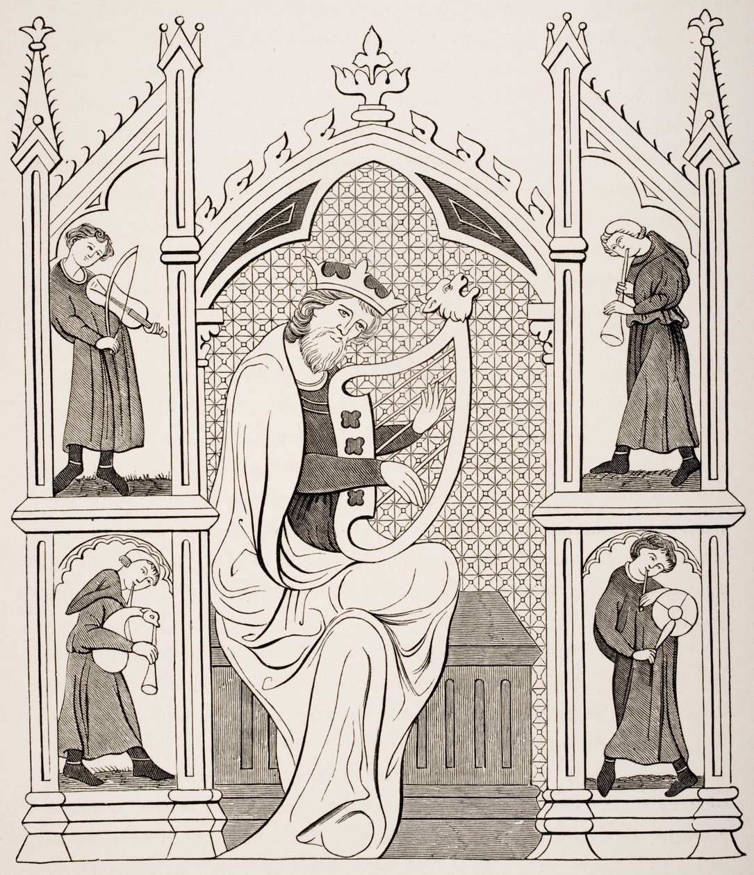 Koning David Speelt de Lier omringd door Vier Muzikanten, naar een miniatuur in een manuscript psalter, uit 