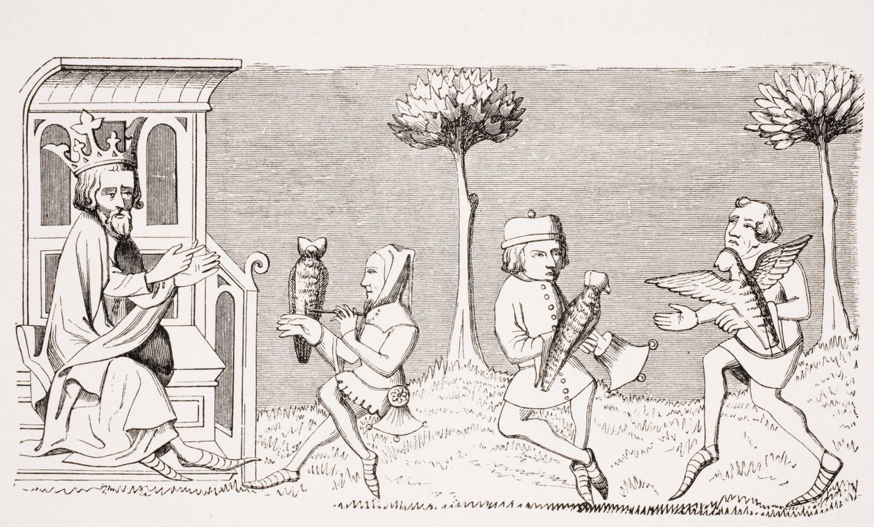 Koning Modus leert de kunst van het valkenieren, reproductie van een miniatuur in het 14e-eeuwse manuscript 