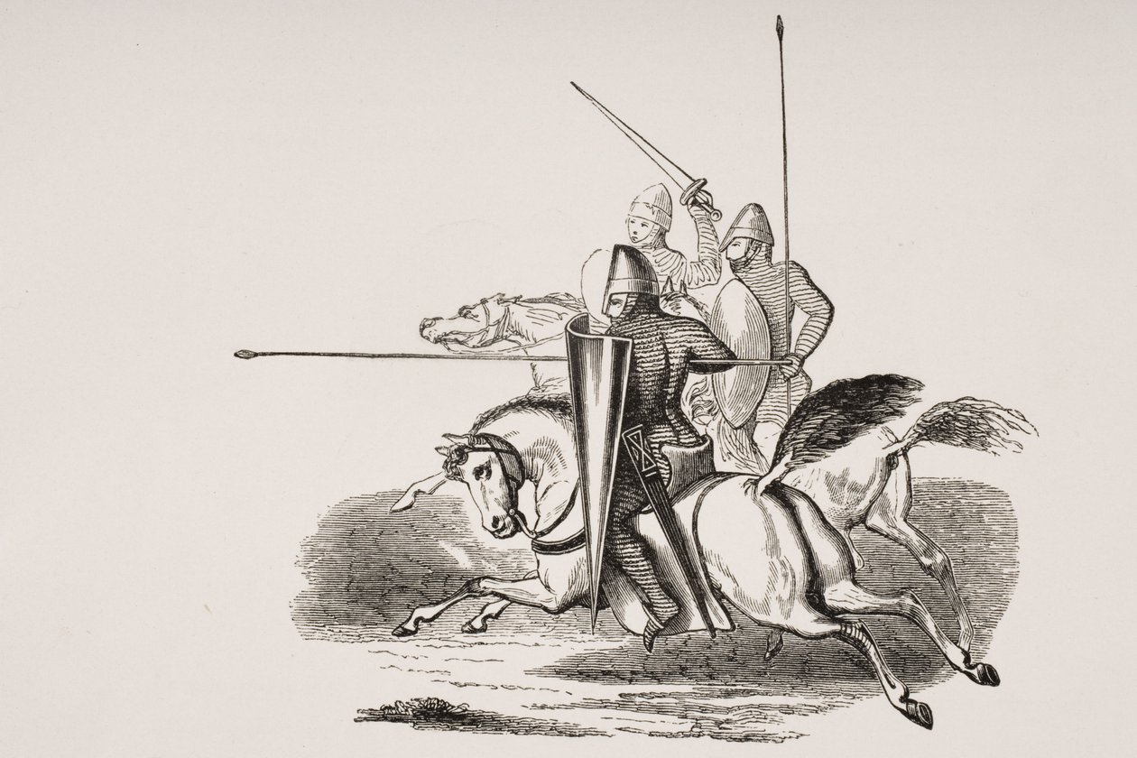 Ridders en mannen in wapenrusting in het bewind van Lodewijk de Dikke, naar een miniatuur in een 12e-eeuws Psalter, uit 