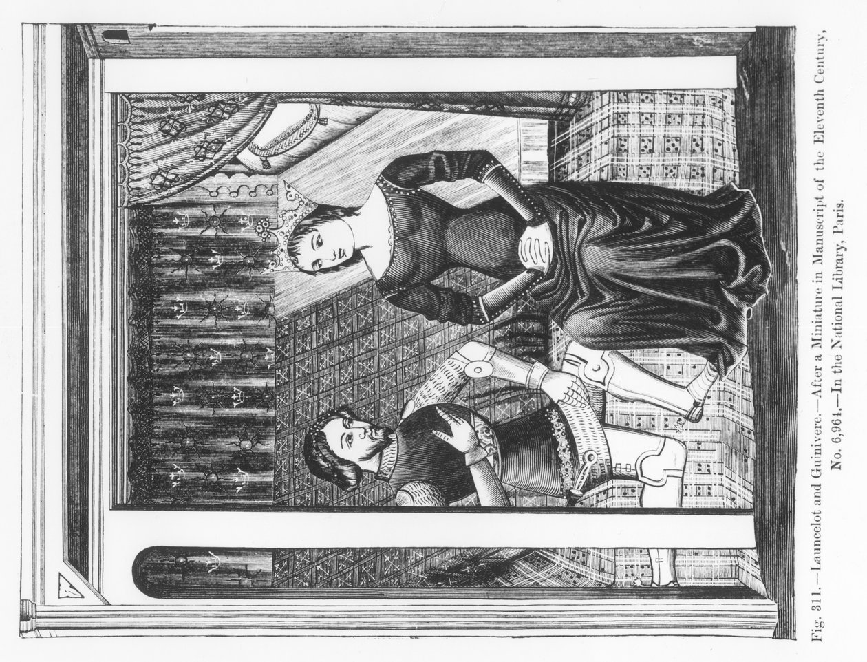 Lancelot en Guinivere, uit een manuscript met de Arthur-legende, illustratie uit 