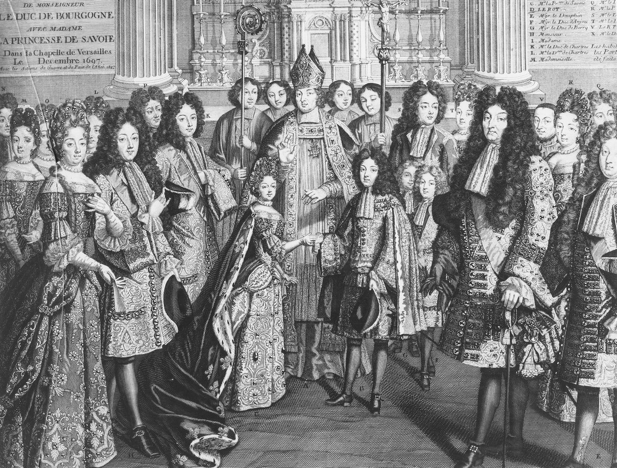 Huwelijk van Lodewijk van Frankrijk, hertog van Bourgondië met Marie Adelaide de Savoie in de Koninklijke Kapel van Versailles, december 1694, in aanwezigheid van Koning Lodewijk XIV door French School