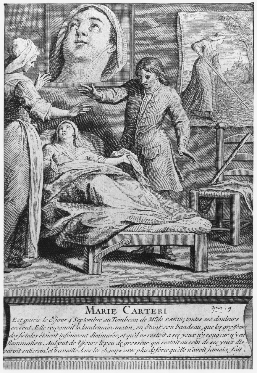 Wonderbaarlijke genezing van een blinde vrouw, Marie Carteri, op het graf van Diaken Francois de Paris op de parochiebegraafplaats Saint-Medard in Parijs, gegraveerd door Pieter Yver, 1737 door French School
