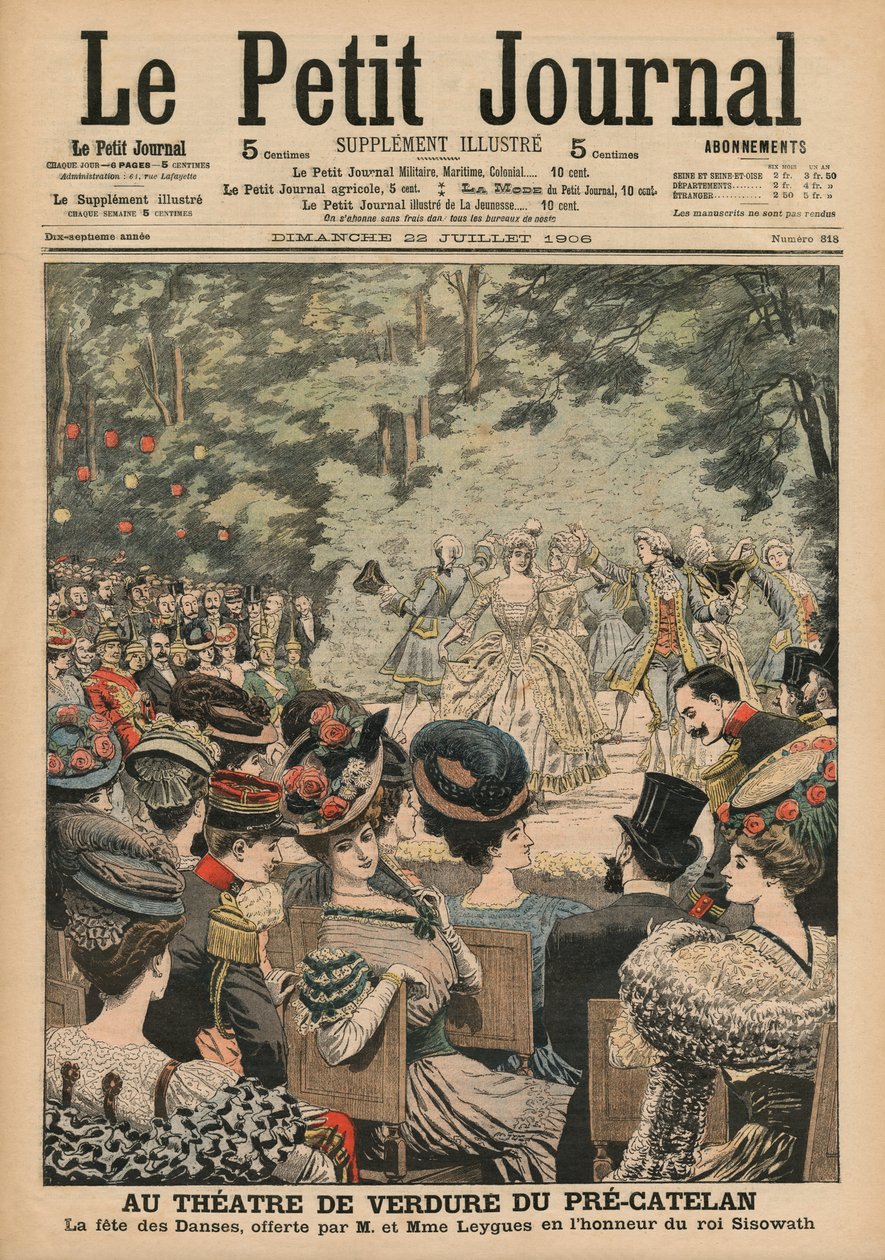 Openluchttheater bij de Pre-Catelan, Dansfestival gepresenteerd door Georges Leygues ter ere van Sisowath, Koning van Cambodja, voorpagina illustratie van 