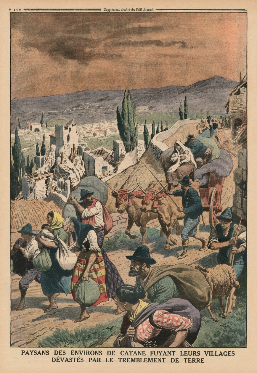 Boeren uit de omgeving van Catania vluchten uit hun door de aardbeving verwoeste dorpen, achteromslag illustratie uit 