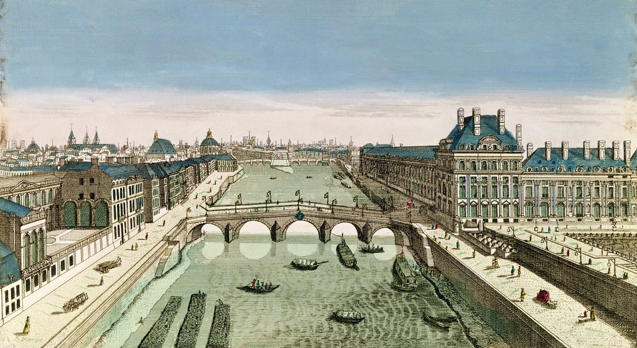 Perspectiefzicht op Parijs vanaf de Pont Royal (gekleurde gravure) door French School