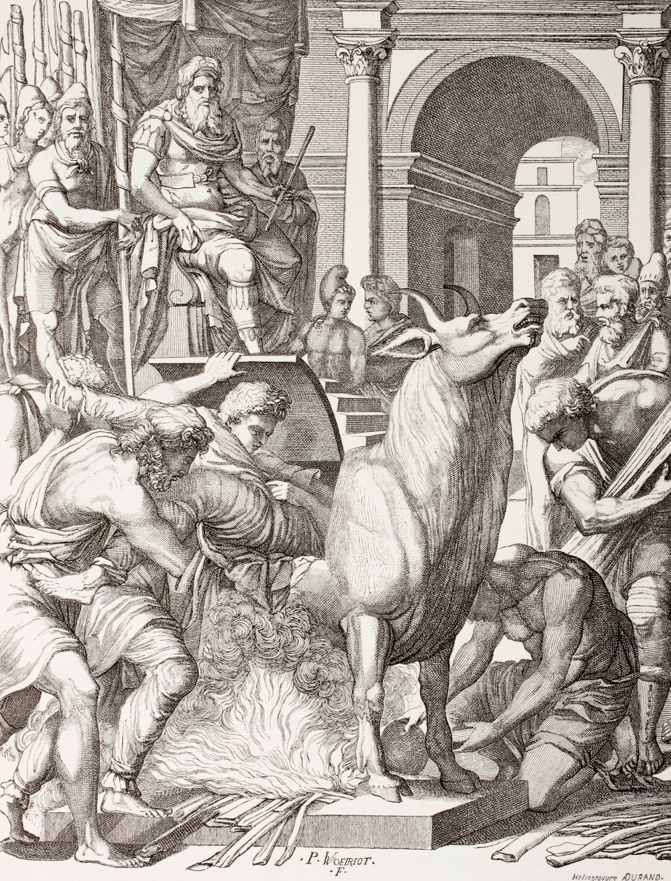 Phalaris veroordeelt de beeldhouwer Perillus om te sterven in de bronzen stier, om levend geroosterd te worden en zijn kreten zullen het loeien van de stier voorstellen, naar een 16e-eeuws werk, uit 