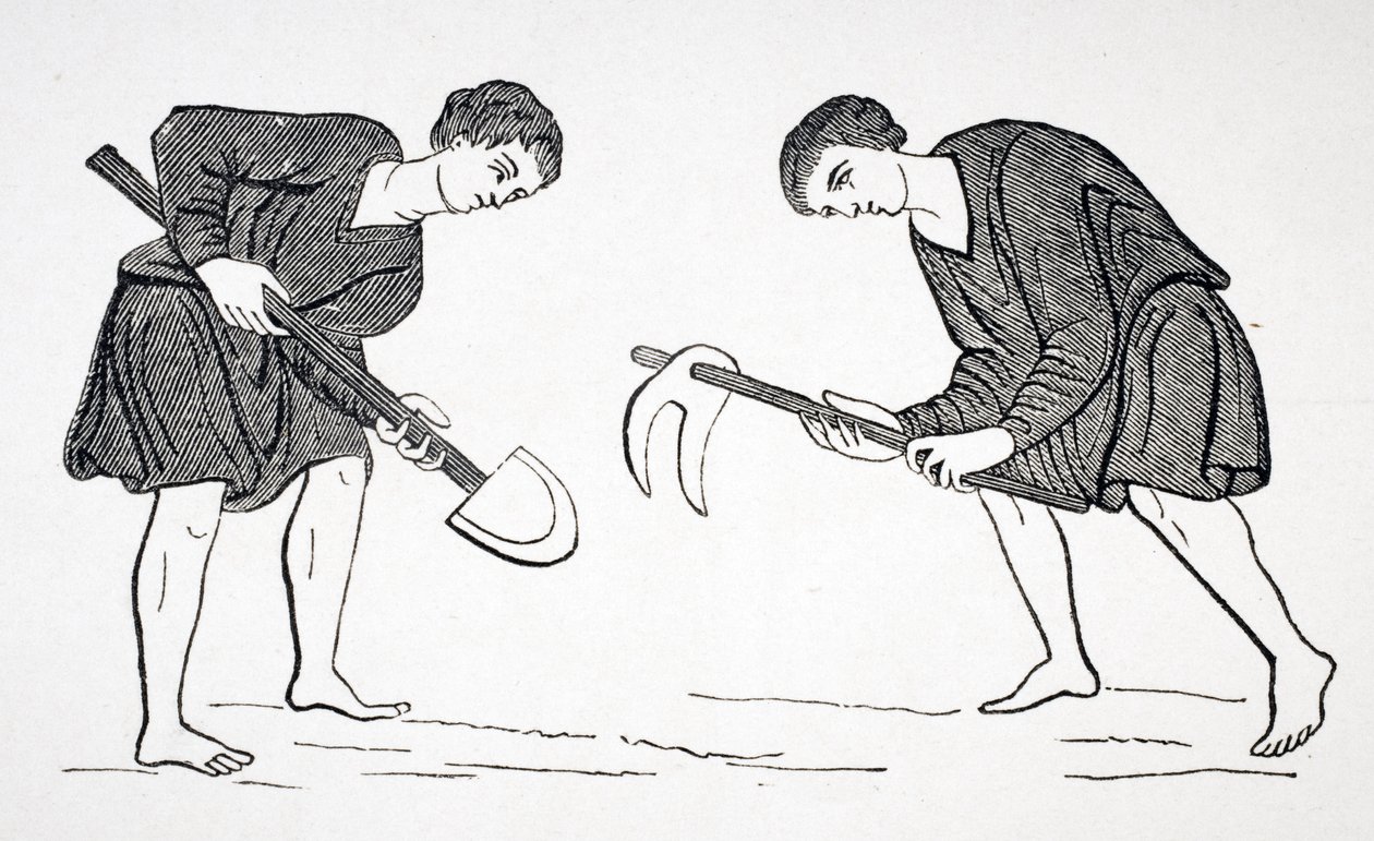 Lijfeigenen werken op de velden met een schoffel en spade, naar een miniatuur in een 12e-eeuws manuscript, uit 