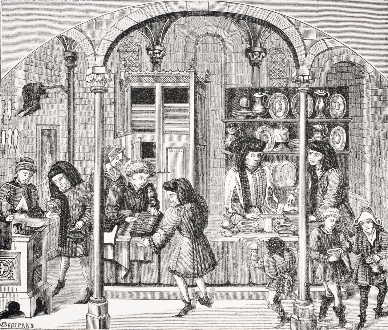 Winkels onder een overdekte markt, naar een miniatuur in een 14e-eeuwse vertaling van Aristoteles