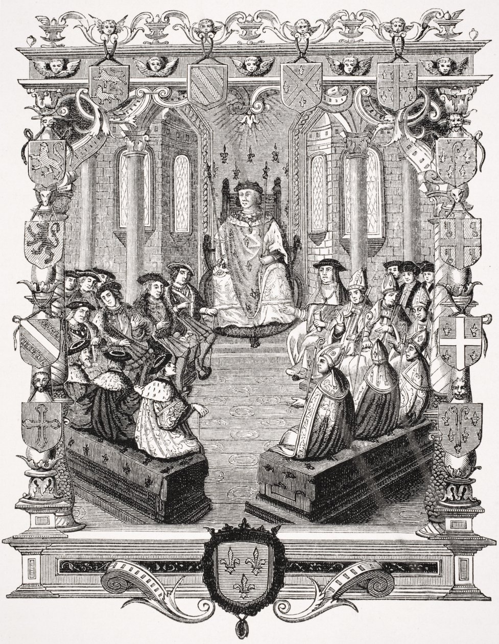 Het burgerlijk proces van Karel de Bourbon (1490-1527) voor de Peers van Frankrijk, 1523, naar een gravure in 