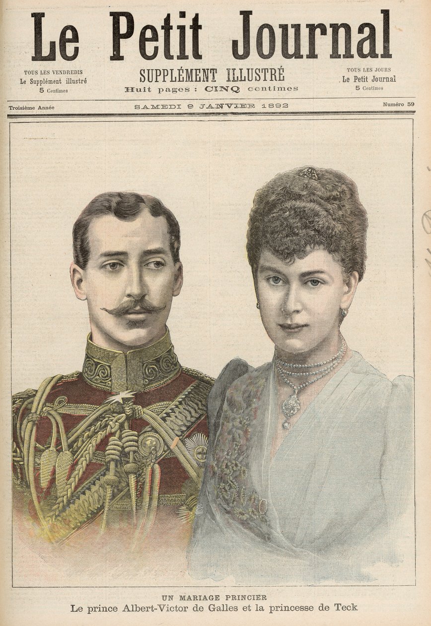 De verloving van Albert Victor (1864-92) Hertog van Clarence, oudste zoon van Edward, Prins van Wales met Victoria Mary van Teck (1867-1953) uit 