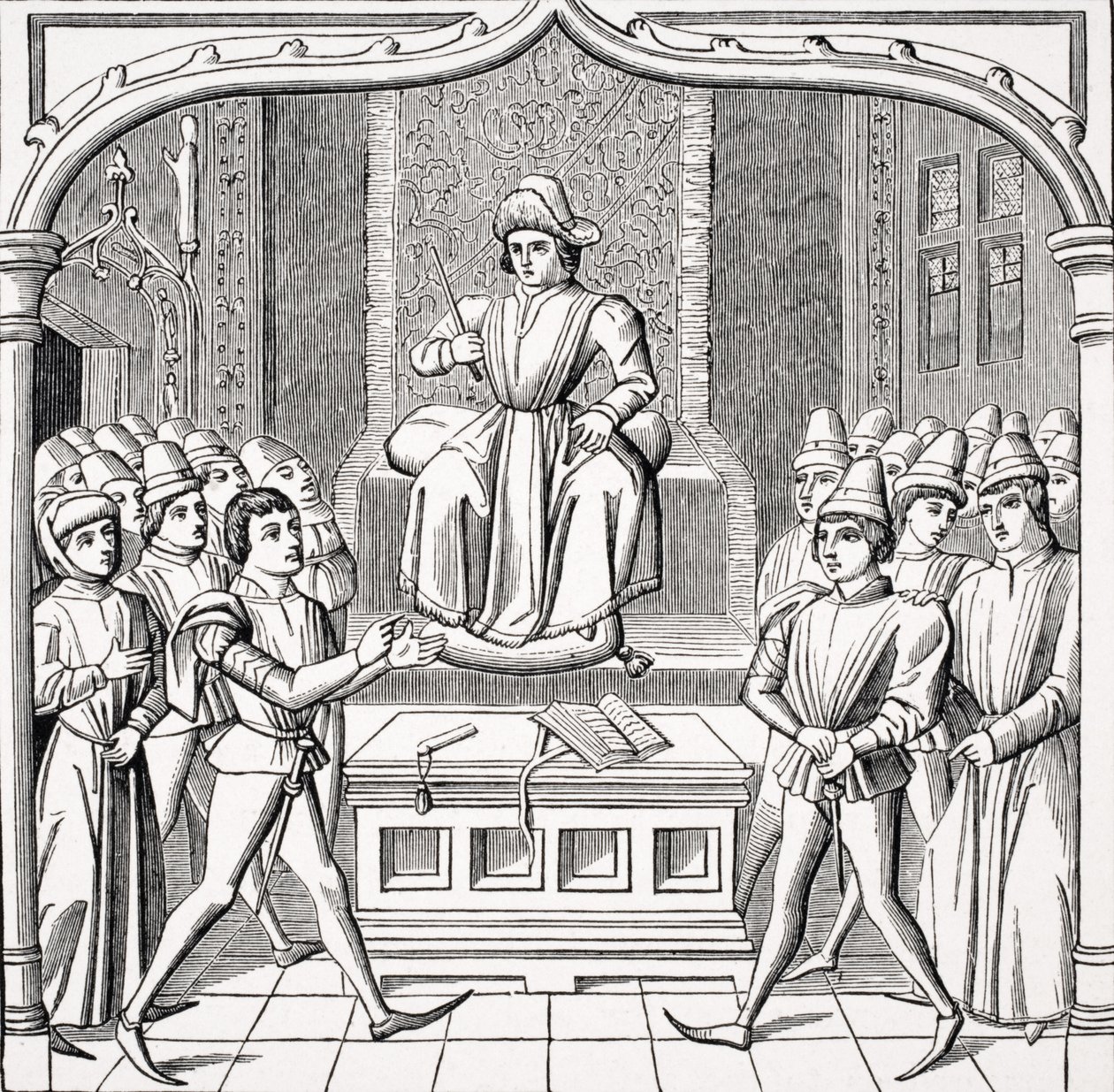 Het Gerechtelijk Duel - De Eiser Opent Zijn Zaak Voor een Rechter, naar een miniatuur in het 15e-eeuwse manuscript 