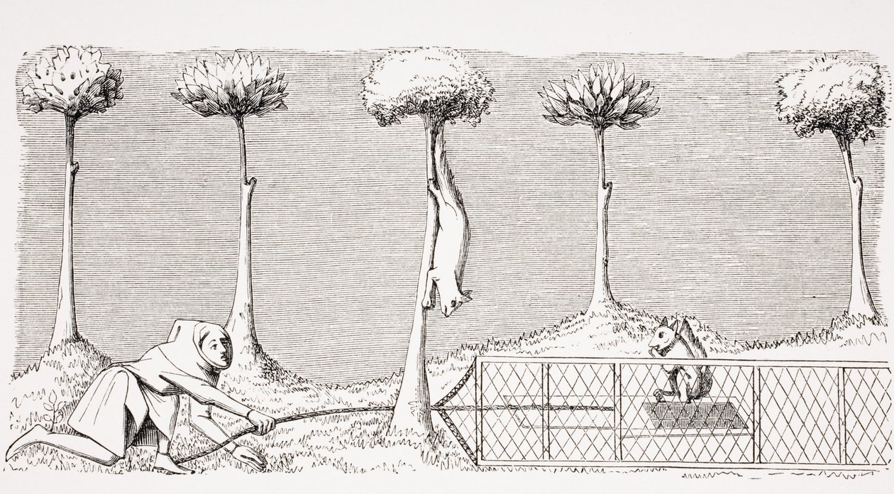 De manier om eekhoorns op de grond in het bos te vangen, naar een miniatuur in het 15e-eeuwse manuscript van Phoebus, uit 