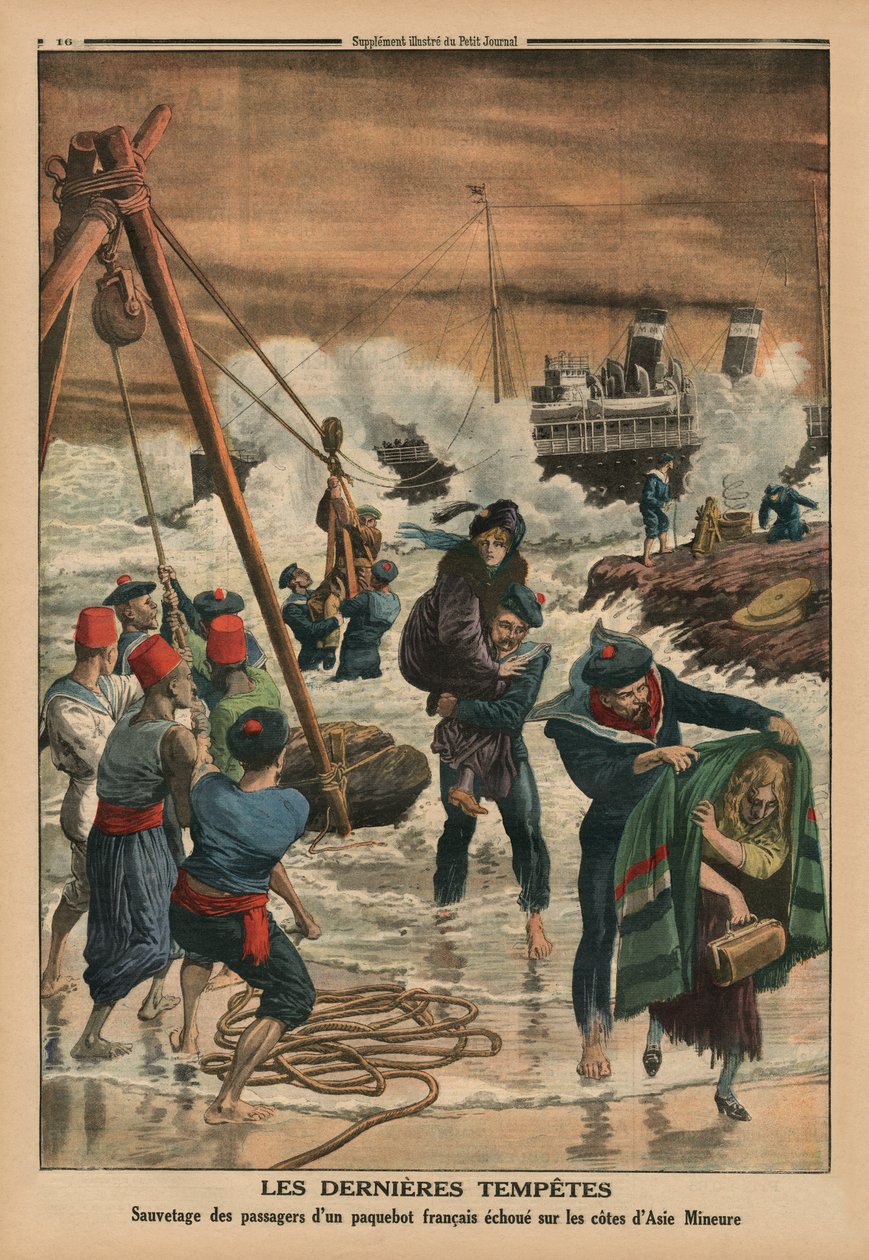 De laatste zeestormen, het redden van de passagiers van een Franse lijnboot aan de kust van Klein-Azië, achteromslagillustratie van 