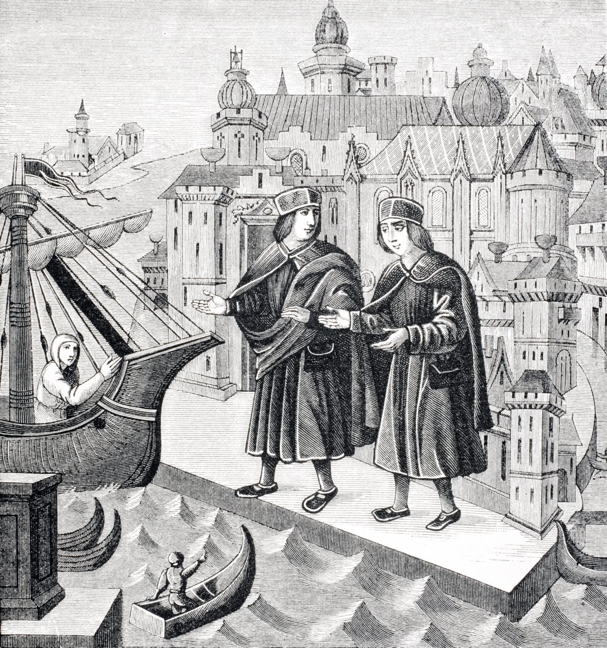 Handel in de Zeehavens van de Levant, reproductie van een miniatuur in het 15e-eeuwse manuscript, 