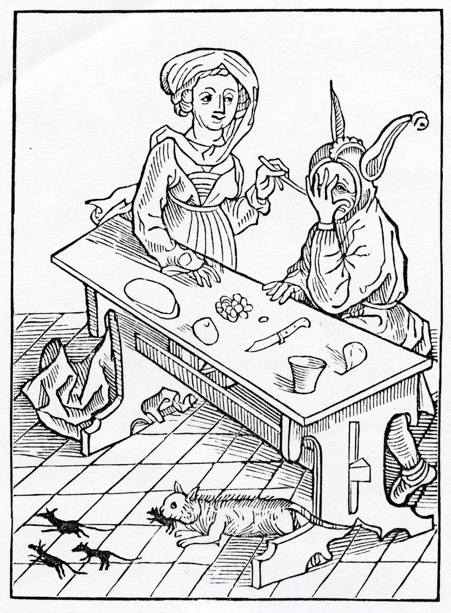 Over overspel, en vooral over hen die pooiers zijn voor hun vrouwen, wetende en niet wetende, maar geheim houden, voor hebzucht, en winst of voordeel, illustratie uit Alexander Barclay
