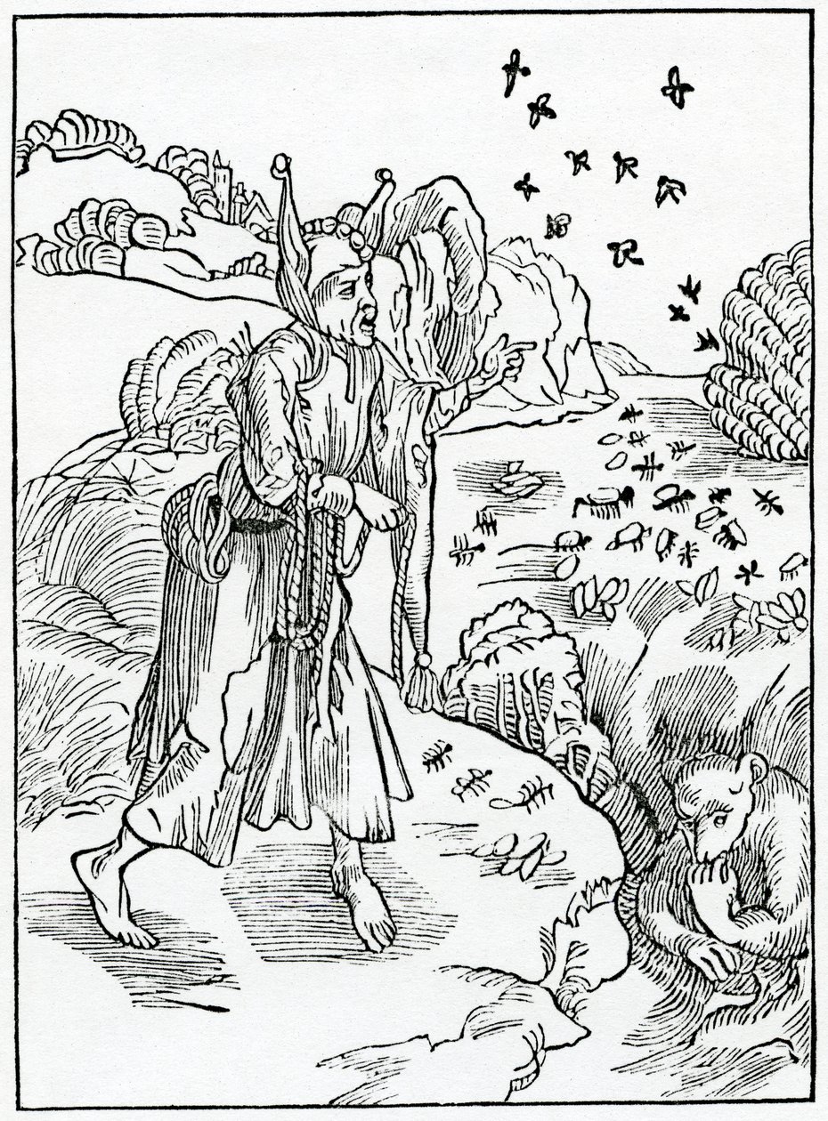 Van dwazen zonder voorziening, die niets in de zomer voorzien om in de winter van te leven noch in de jeugd om in de ouderdom van te leven, illustratie uit Alexander Barclay