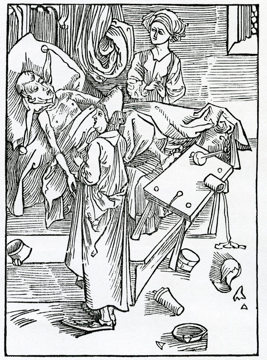 Van hen die ziek zijn en ongeduldig en ongehoorzaam aan de arts, illustratie uit Alexander Barclay