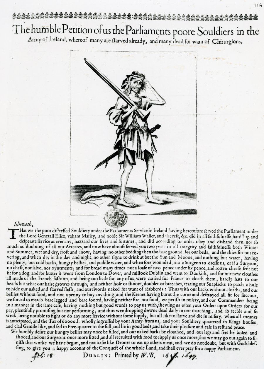 Het nederige Verzoek van ons, de arme Soldaten van het Parlement in het Leger van Ierland, waarvan velen al zijn verhongerd en velen dood zijn door gebrek aan Chirurgen, gepubliceerd in 1648 door Irish School