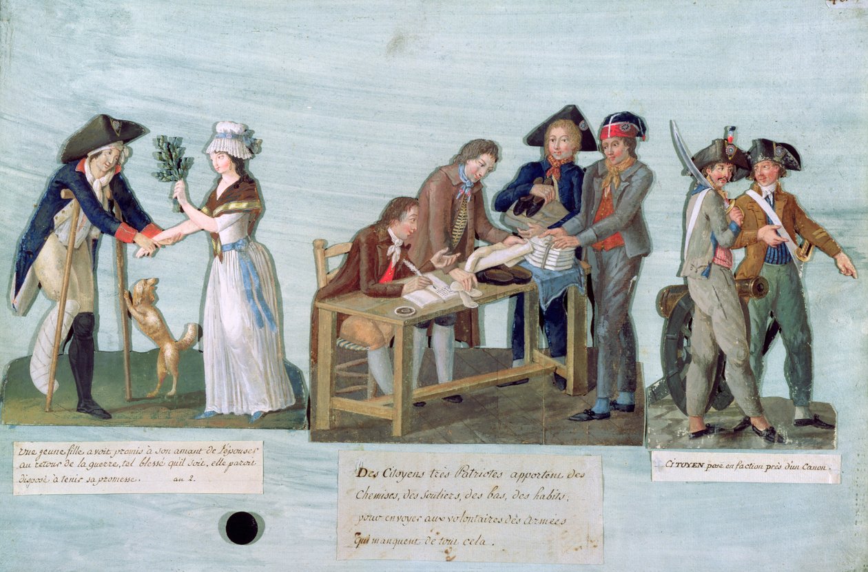Een vrouw belooft haar gewonde minnaar te trouwen na de oorlog, patriottische burgers doneren hun kleren aan de strijdende vrijwilligers en wachten bij hun kanon, c.1792 door Lesueur Brothers