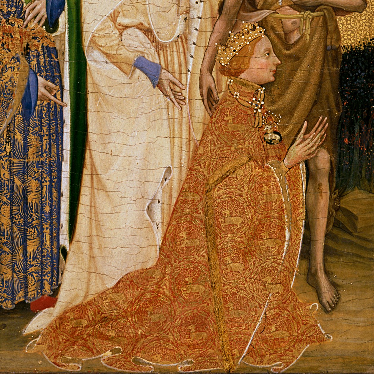 Richard II gepresenteerd aan de Maagd en het Kind door zijn patroonheilige Johannes de Doper en de heiligen Edward en Edmund, ca. 1395-99 (detail) door Master of the Wilton Diptych