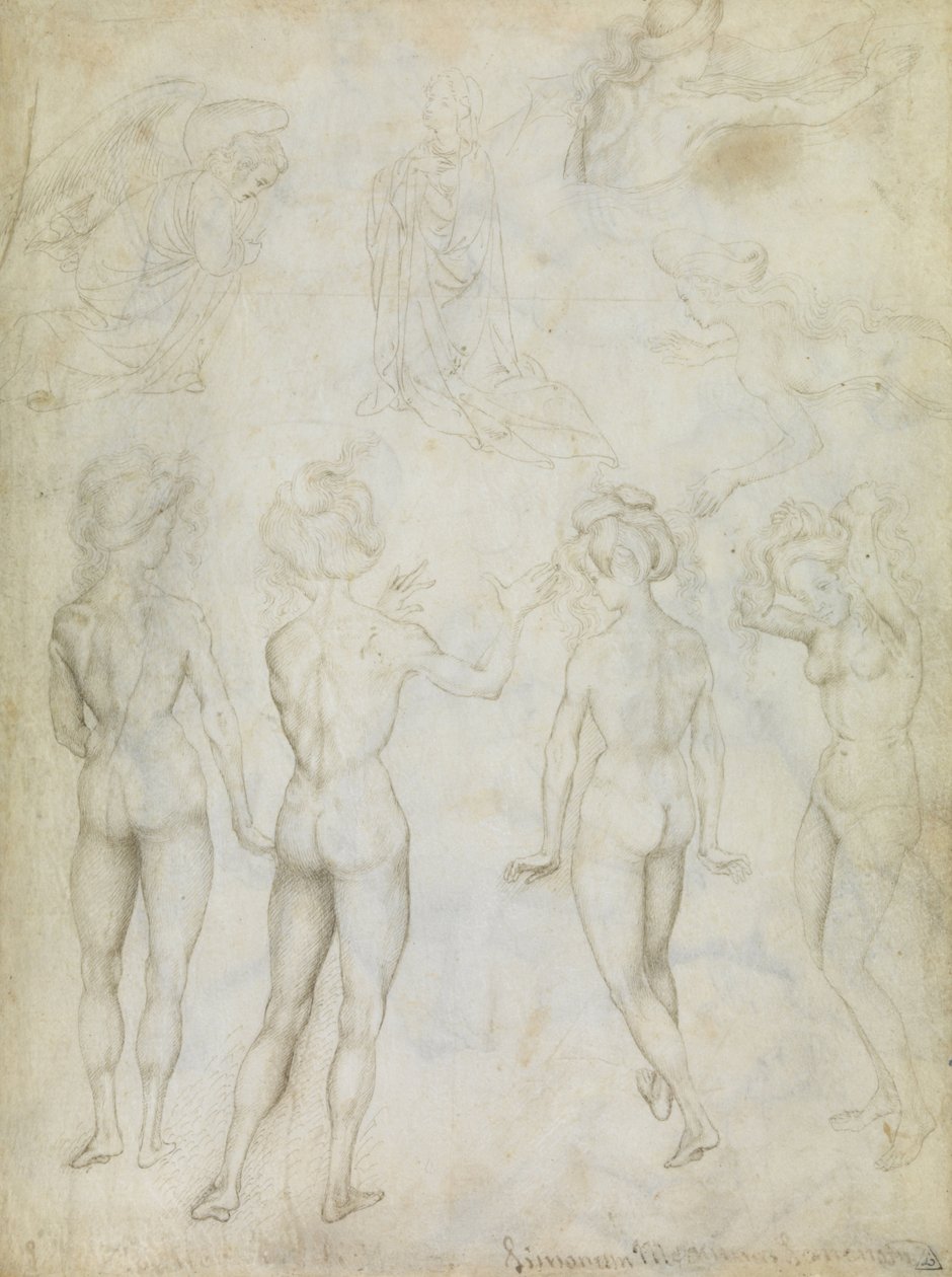 Vier Studies van een Vrouwelijk Naakt, een Aankondiging en Twee Studies van een Zwemmende Vrouw door Antonio Pisanello