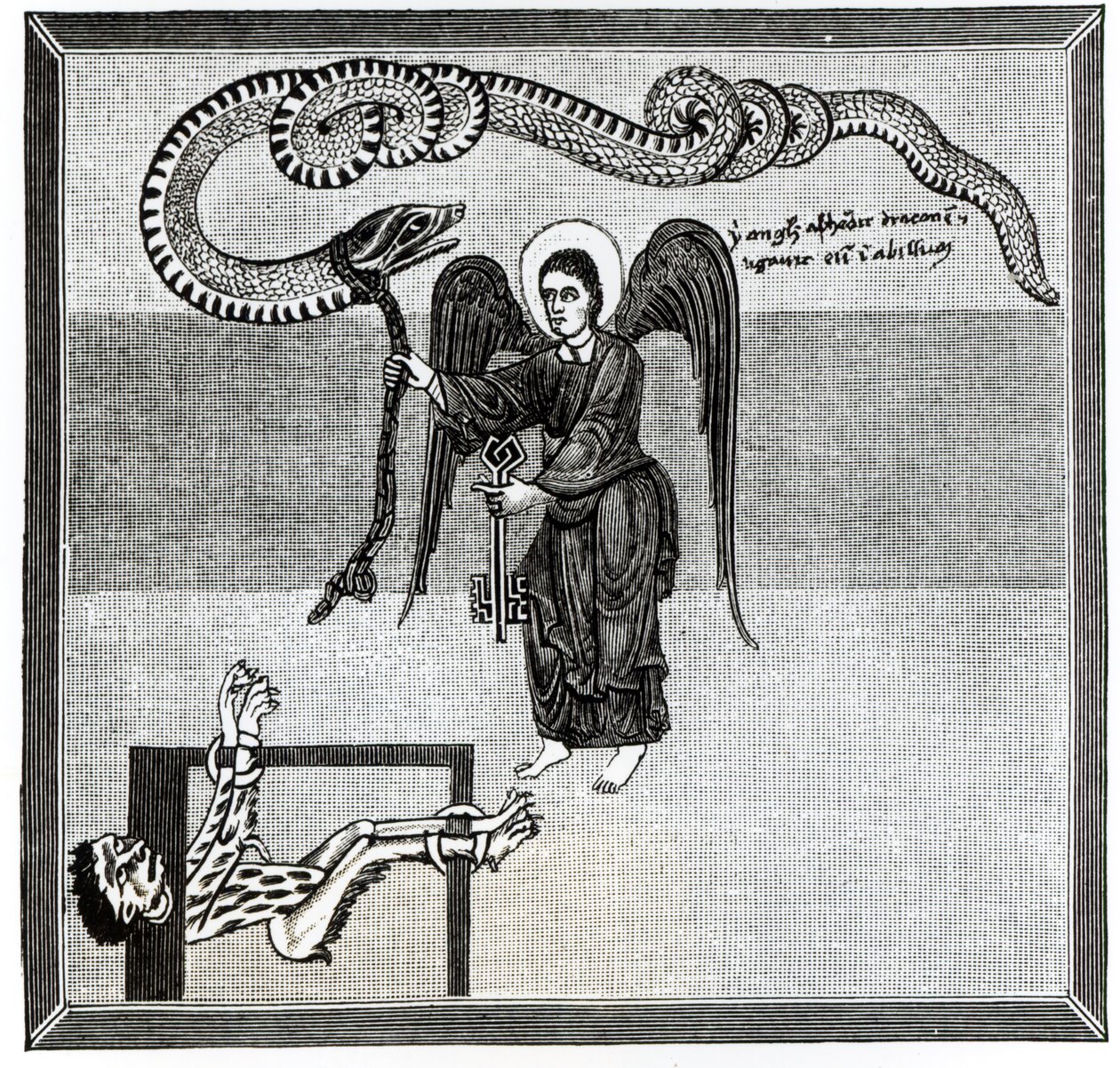 De Engel, die de Sleutels van de Hel vasthoudt, ketent de Duivel, in de vorm van een Draak, in de Put, uit een Commentaar op de Apocalyps door de Asturiaanse monnik Beatus van Liebana, ca. 776, illustratie uit 