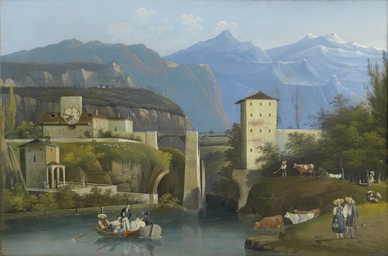 Biedermeier-Schilderijklok Ponte de Crevola door Unknown