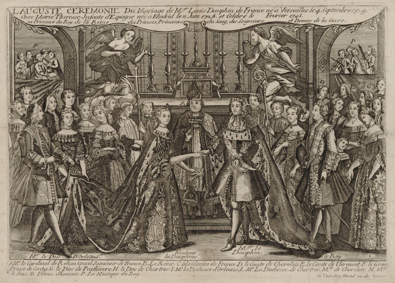 Huwelijk van Louis, Dauphin van Frankrijk met Marie Thérèse Raphaëlle, Infanta van Spanje in 1745 in Versailles door Unknown