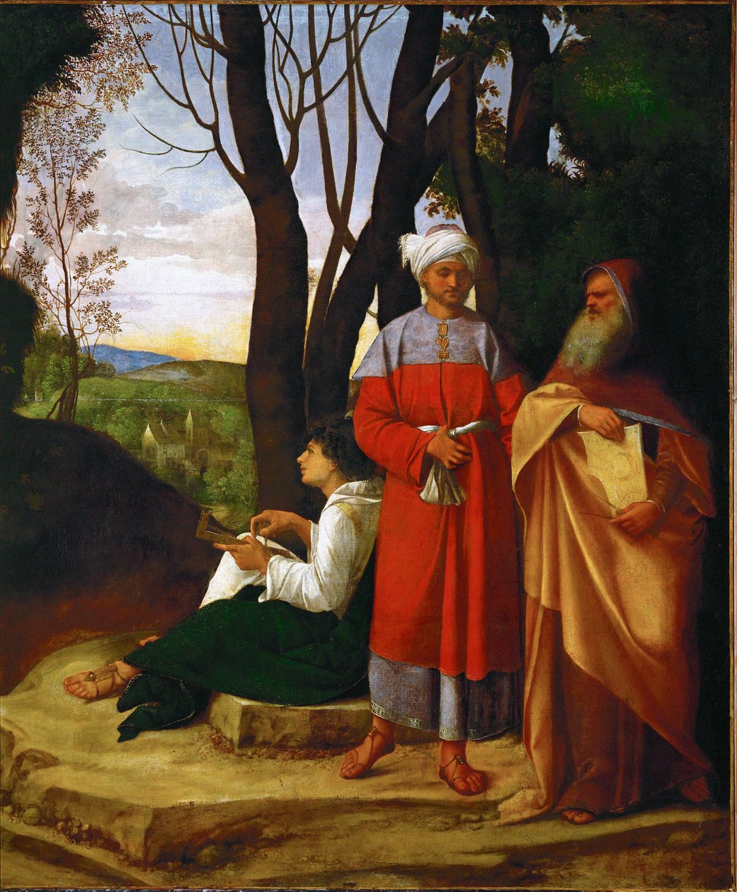 Drie filosofen, Pythagoras, Thales en Pherekydes (olieverf op doek) door (1476/8-1510) Giorgione