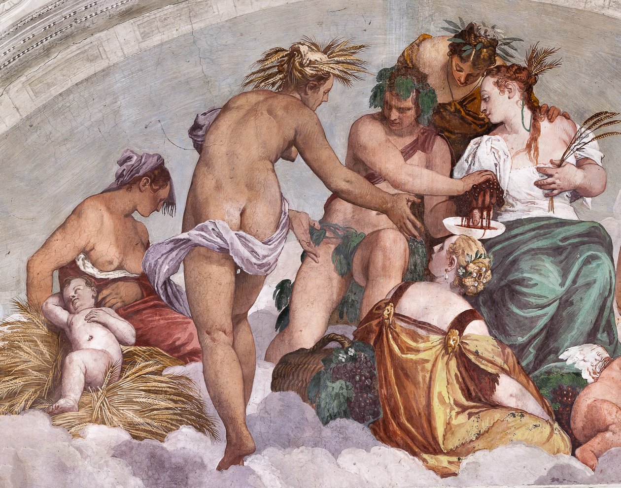 Allegorieën van Zomer en Herfst (Bacchus en Ceres), Noordelijke Muur, lunet boven de Deur naar de Tuin, Hal van Olympus door Veronese