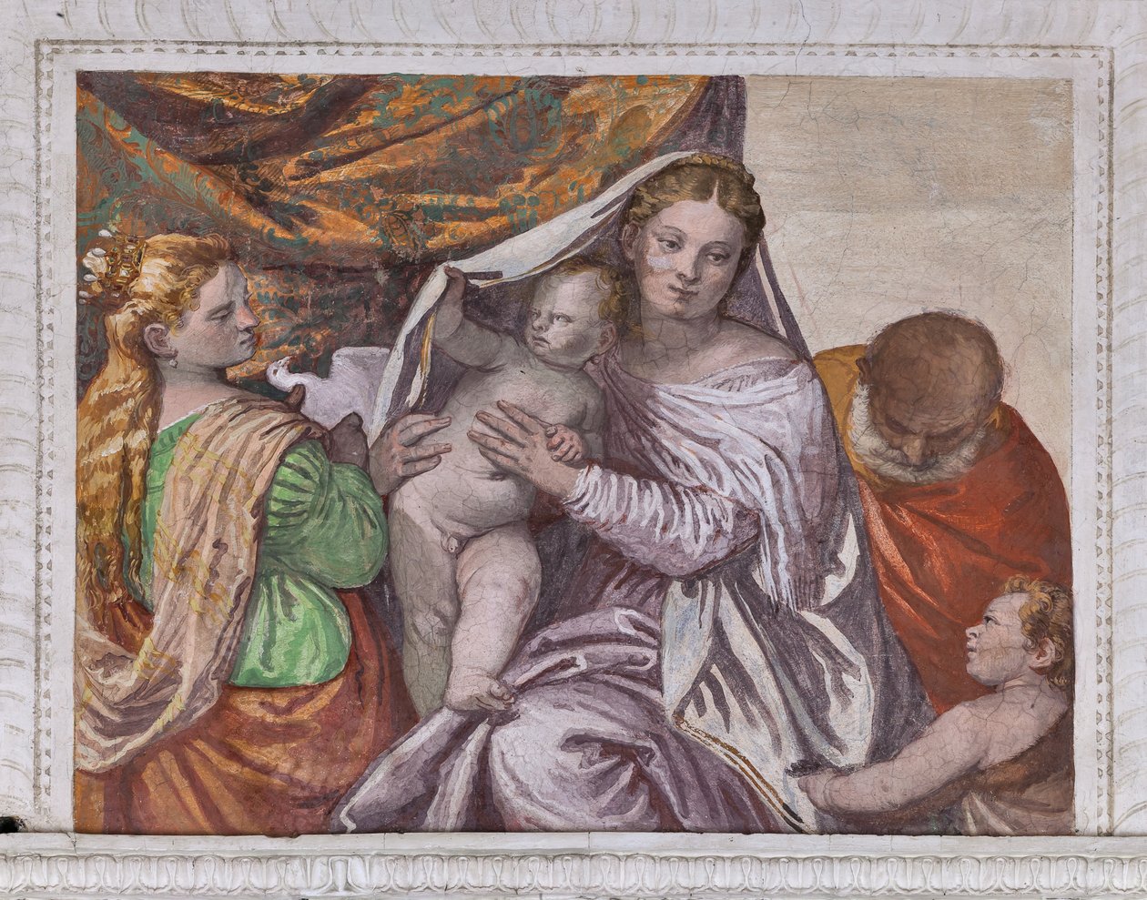 Madonna met Kind Jezus en St. Catharina die een duif aanbiedt aan Jezus, Zuidelijke Muur van de Kamer van de Kleine Hond (detail) door Veronese