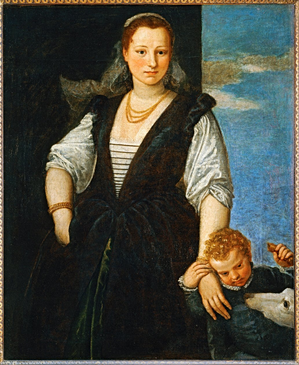 Portret van een vrouw met een kind en een hond - Portrait de femme avec un enfant et un chien ... door (1528 88) Veronese