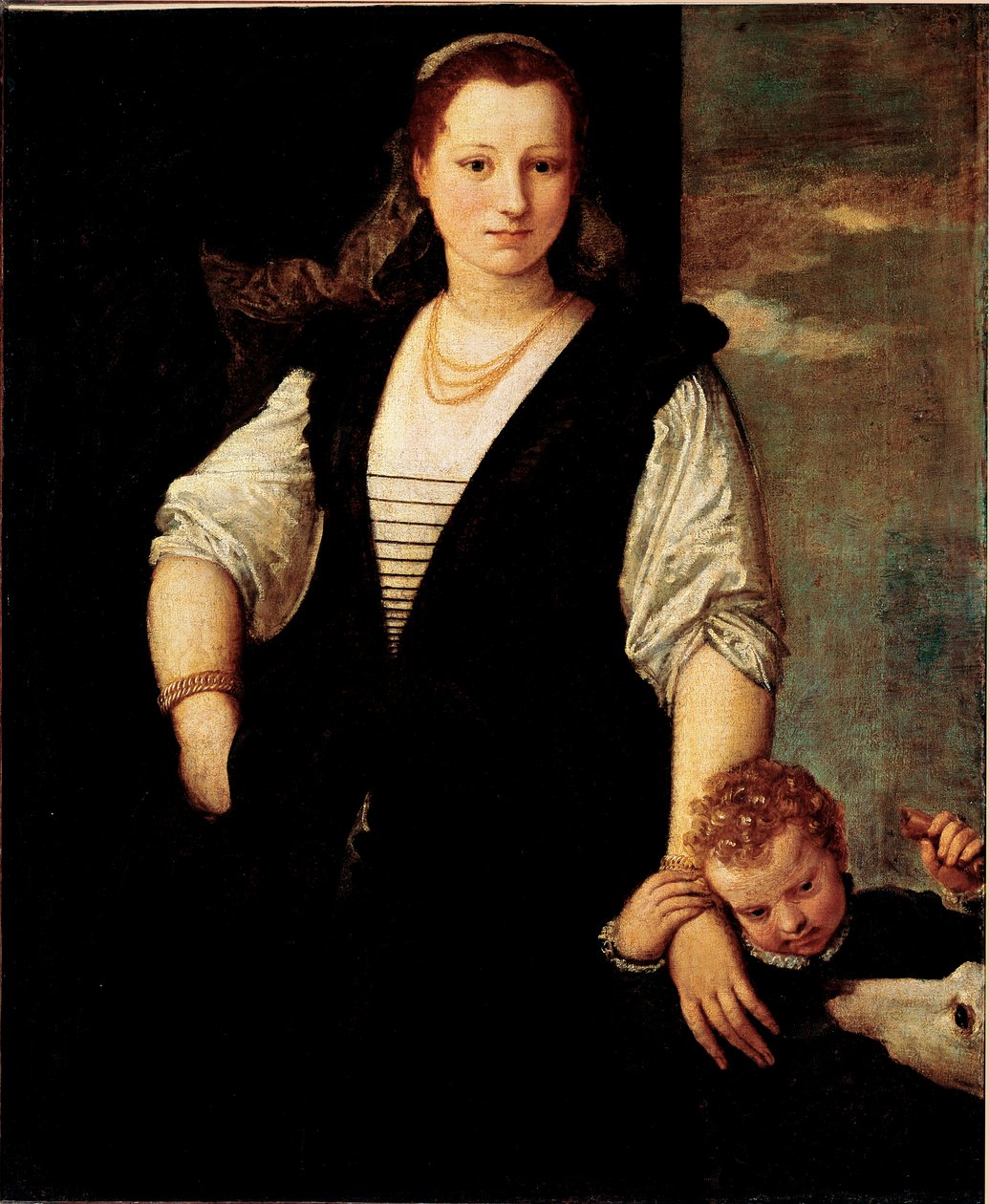 Portret van een vrouw met een kind en een hond (de kinderen van Francesco Bevilacqua?) door Veronese