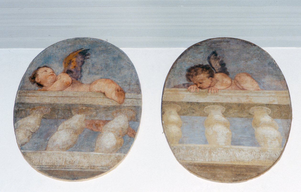 Twee gevleugelde putti die over een balustrade klimmen, rondellen uit de sacristie (fresco) door Veronese