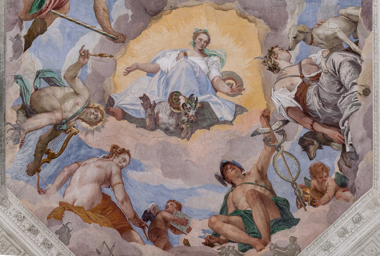 Universele Harmonie omringd door goden: Zeus met een adelaar, Mars, Apollo met de lier, Venus, Mercurius met caduceus, Diana met honden, en Saturnus, het centrale achthoek van de Hal van Olympus door Veronese